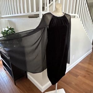 Vintage 90s Y2K  Little Black Jewel Velvet Dress Sheer Waterfall Cape Size 8
